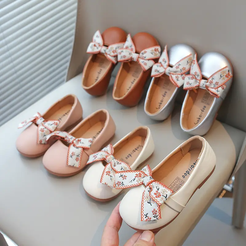 Girls Leather Shoes Soft PU Leather Kids Flats Slip-on Loafers with Ribbon Bow-knot Princess Sweet Simple Classic Size 21-34 New