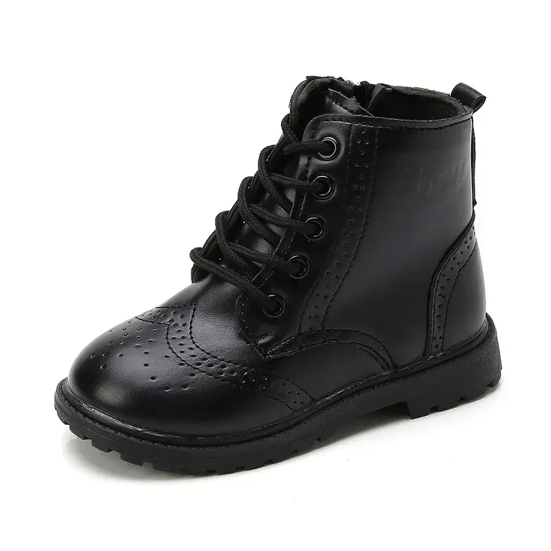 Boys Boots Girls Tide Boots Black Leather Classic Kids Ankle Boots Size 21-37 Cross-tied Children's Tide Boots Soft Autumn New
