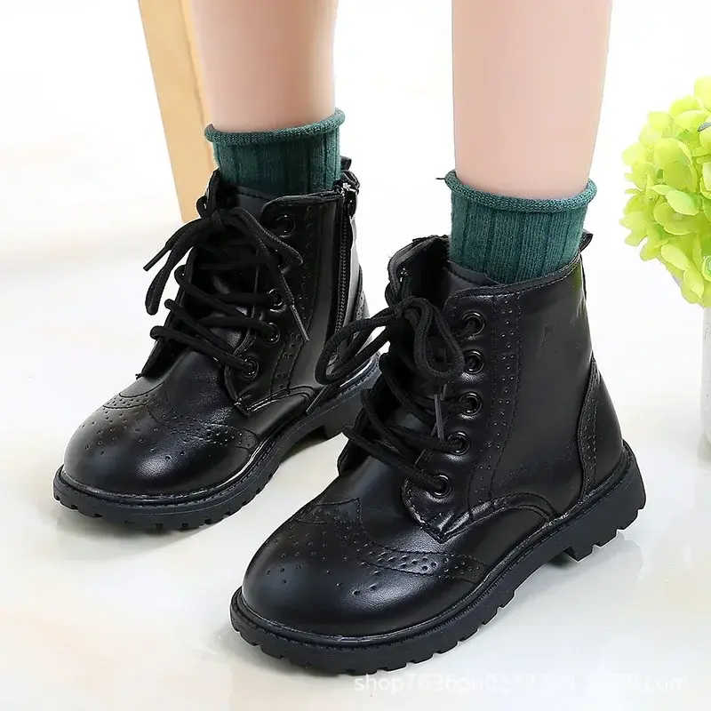 Boys Boots Girls Tide Boots Black Leather Classic Kids Ankle Boots Size 21-37 Cross-tied Children's Tide Boots Soft Autumn New