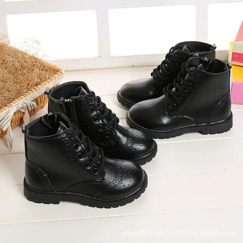 Boys Boots Girls Tide Boots Black Leather Classic Kids Ankle Boots Size 21-37 Cross-tied Children's Tide Boots Soft Autumn New