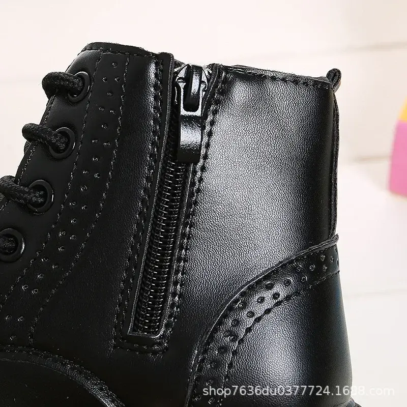 Boys Boots Girls Tide Boots Black Leather Classic Kids Ankle Boots Size 21-37 Cross-tied Children's Tide Boots Soft Autumn New