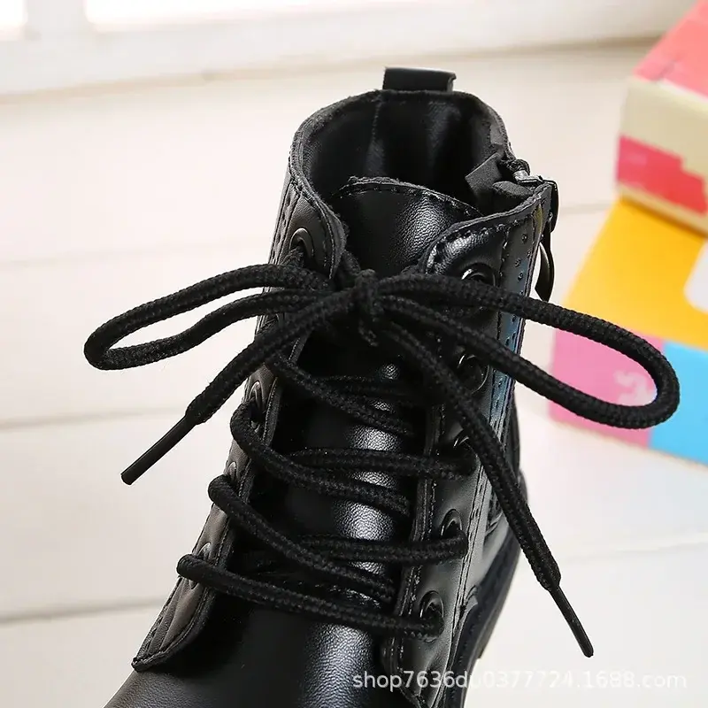 Boys Boots Girls Tide Boots Black Leather Classic Kids Ankle Boots Size 21-37 Cross-tied Children's Tide Boots Soft Autumn New