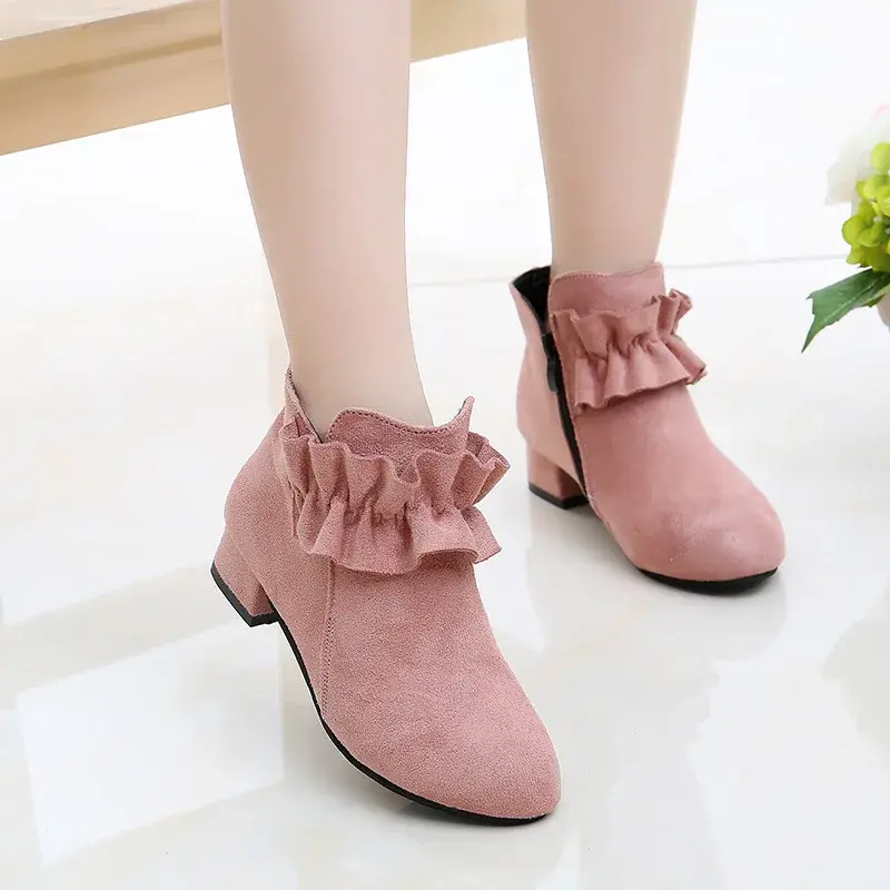 Girls Ankle Boots High Heels Square Heel with Ruffles Flouncing Kids Princess Boots Children Snow Boots Warm Fashion Sweet Flock