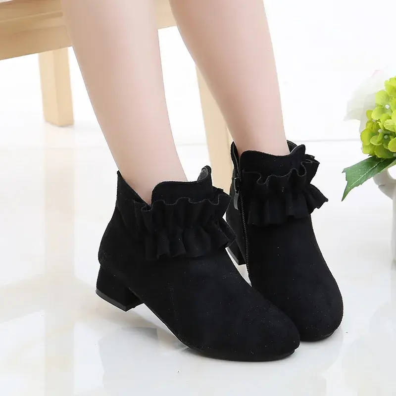 Girls Ankle Boots High Heels Square Heel with Ruffles Flouncing Kids Princess Boots Children Snow Boots Warm Fashion Sweet Flock
