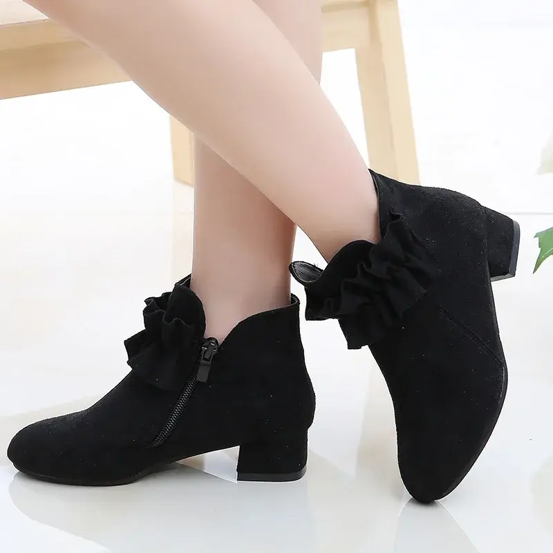 Girls Ankle Boots High Heels Square Heel with Ruffles Flouncing Kids Princess Boots Children Snow Boots Warm Fashion Sweet Flock