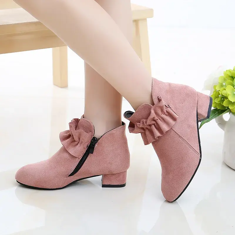 Girls Ankle Boots High Heels Square Heel with Ruffles Flouncing Kids Princess Boots Children Snow Boots Warm Fashion Sweet Flock