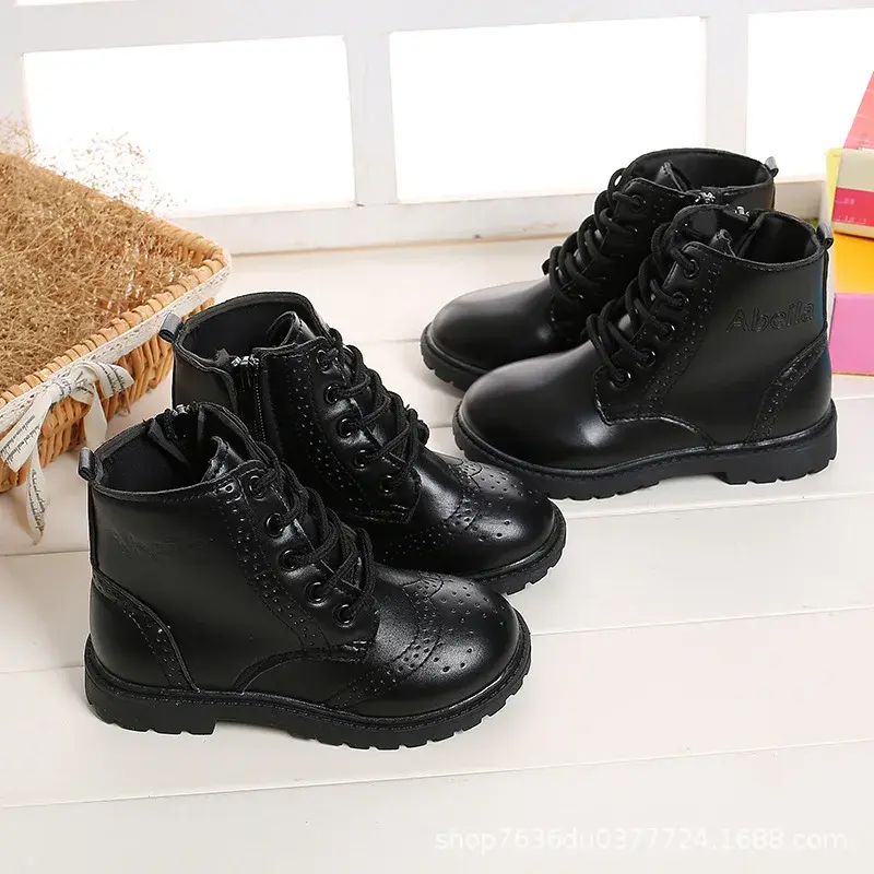 Kids Black Leather Boots for Boys Girls Unisex Children Short Ankle Boots Zipper Autumn Winter Fashion Anti-skid Casual Warm New