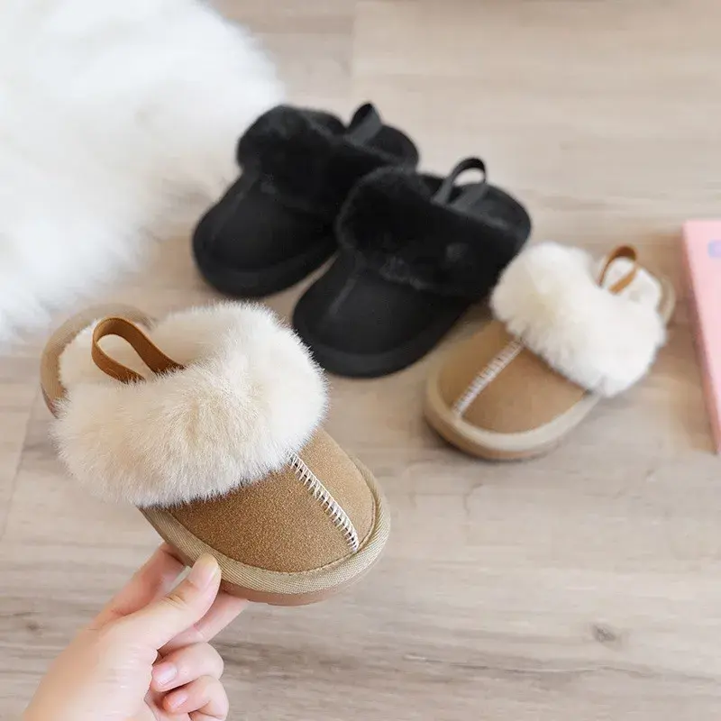 Korean Style Children's Suede Plush Slippers 2024 Winter New Girls Elastic Band Cotton Shoes Simple Solid Color Boys Lazy Flats