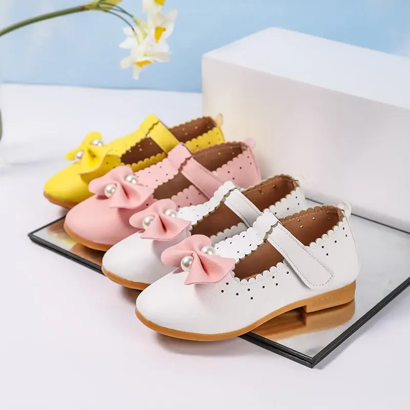 New Girls Ballet Shoes Spring Autumn Princess Kids Pearl T-strap Flats Fashion Wedding Party Children's Bowknot Leather Shoes