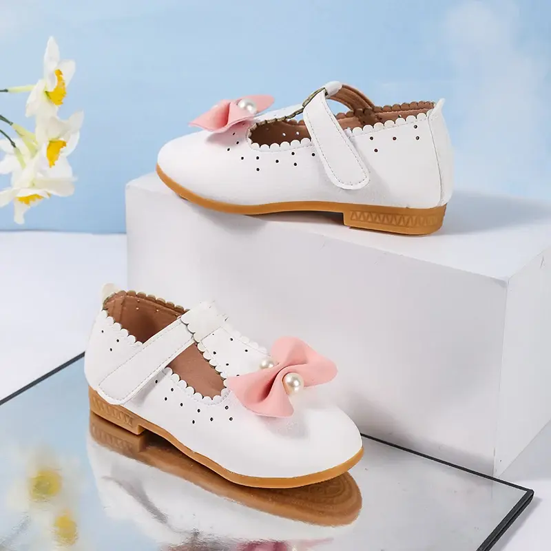 New Girls Ballet Shoes Spring Autumn Princess Kids Pearl T-strap Flats Fashion Wedding Party Children's Bowknot Leather Shoes