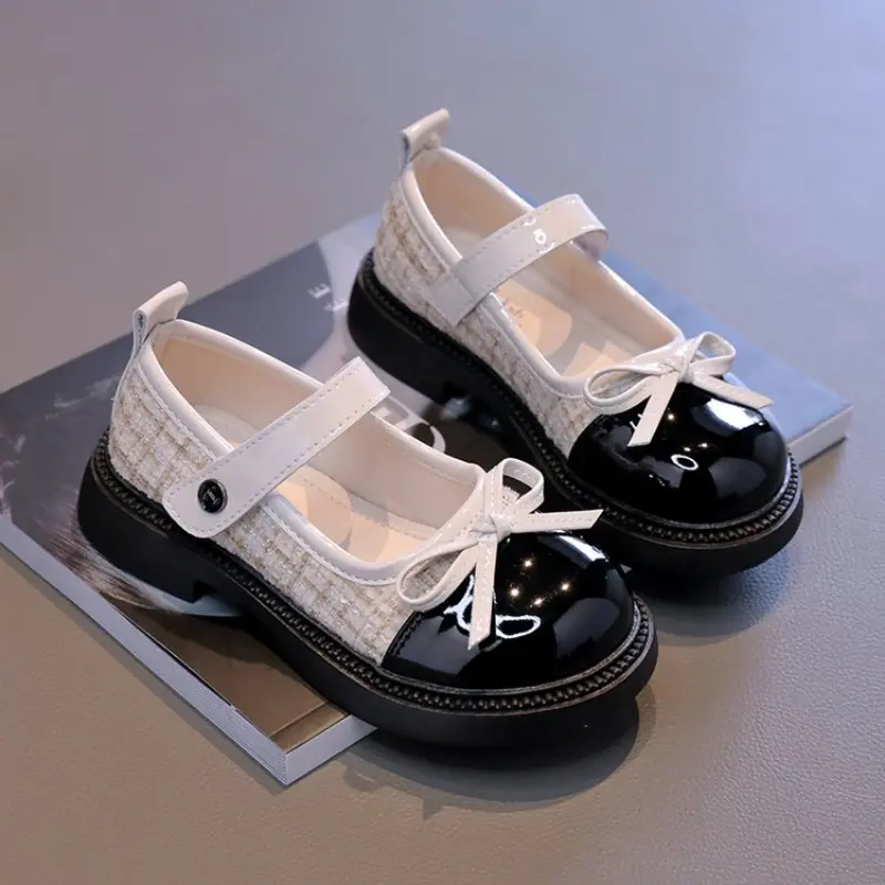 Spring Autumn Children's Leather Shoes with Bowknot Versatile Girls Fashion Mary Jane Shoes Causal Patchwork Kids Princess Shoes