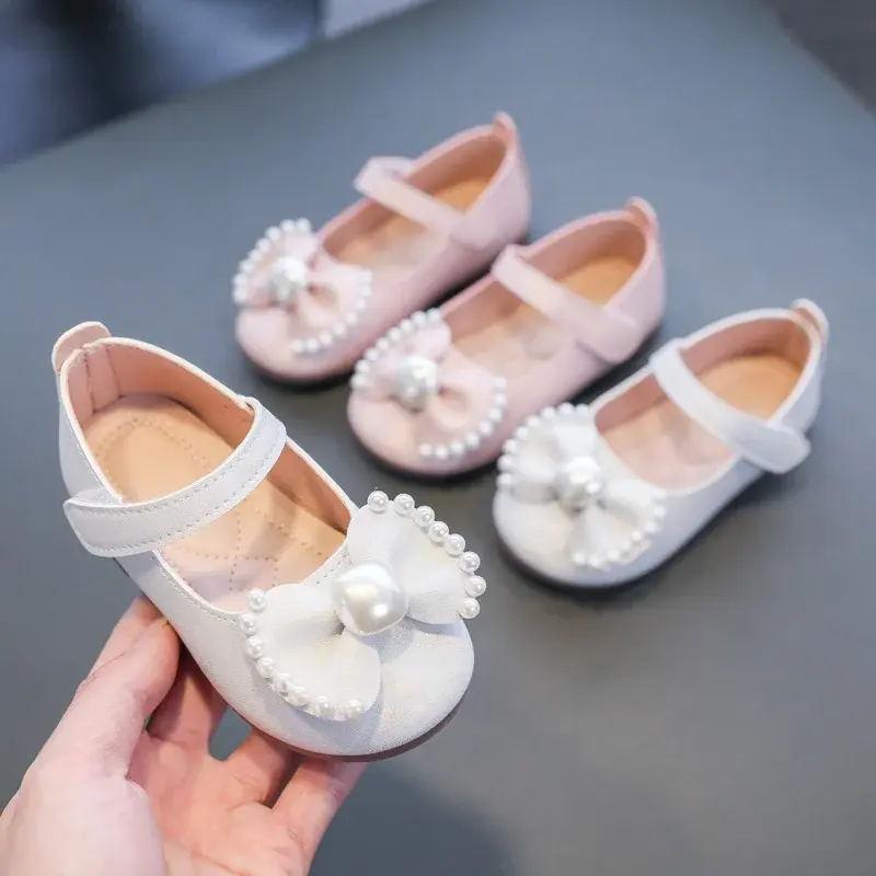 Girl's Leather Shoes Casual Simple Bowtie with Pearls 2024 New Flat Shoes Soft Sole Baby Kids Dress Shoes Children Party Flats