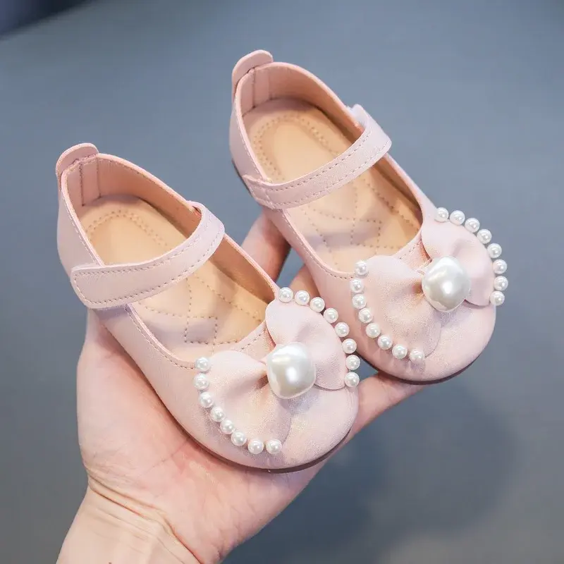 Girl's Leather Shoes Casual Simple Bowtie with Pearls 2024 New Flat Shoes Soft Sole Baby Kids Dress Shoes Children Party Flats