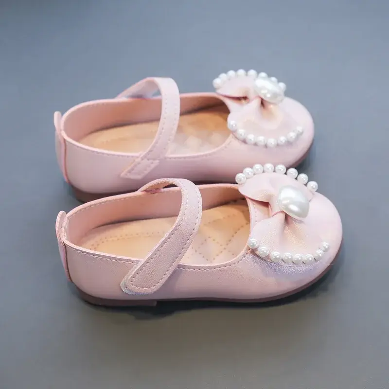 Girl's Leather Shoes Casual Simple Bowtie with Pearls 2024 New Flat Shoes Soft Sole Baby Kids Dress Shoes Children Party Flats