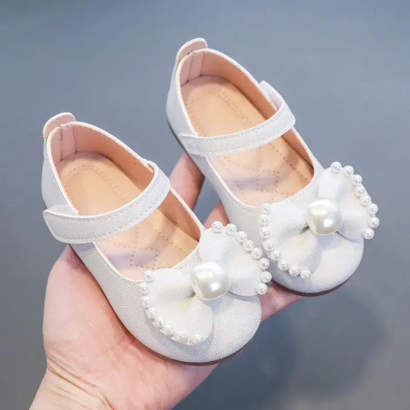 Girl's Leather Shoes Casual Simple Bowtie with Pearls 2024 New Flat Shoes Soft Sole Baby Kids Dress Shoes Children Party Flats