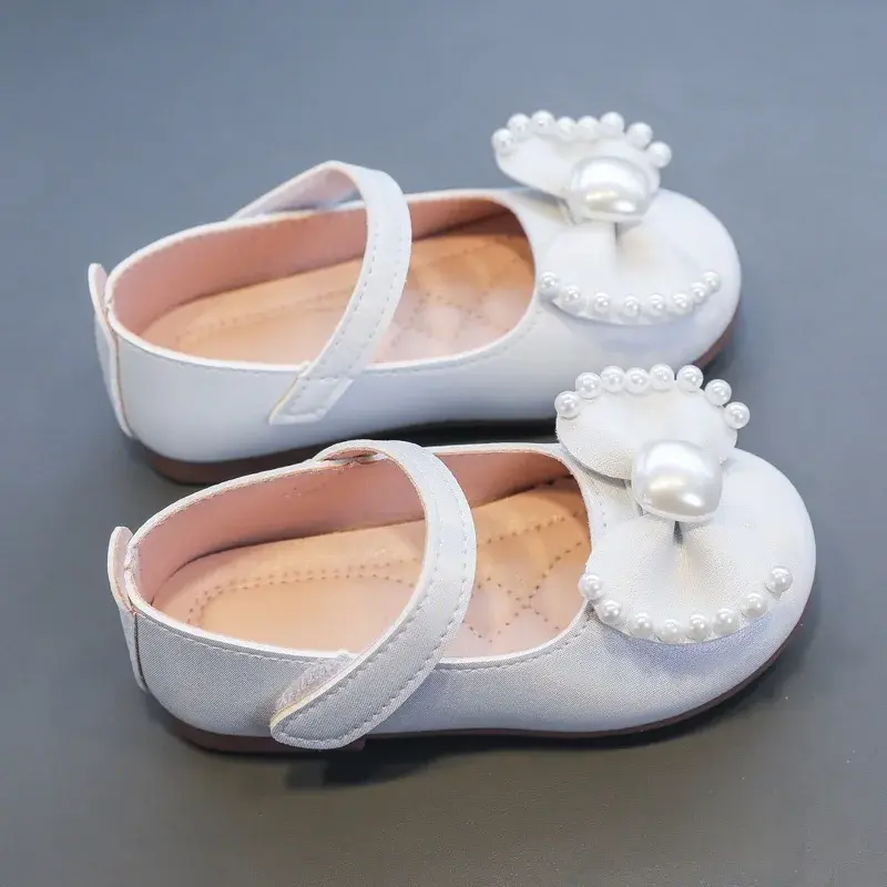 Girl's Leather Shoes Casual Simple Bowtie with Pearls 2024 New Flat Shoes Soft Sole Baby Kids Dress Shoes Children Party Flats