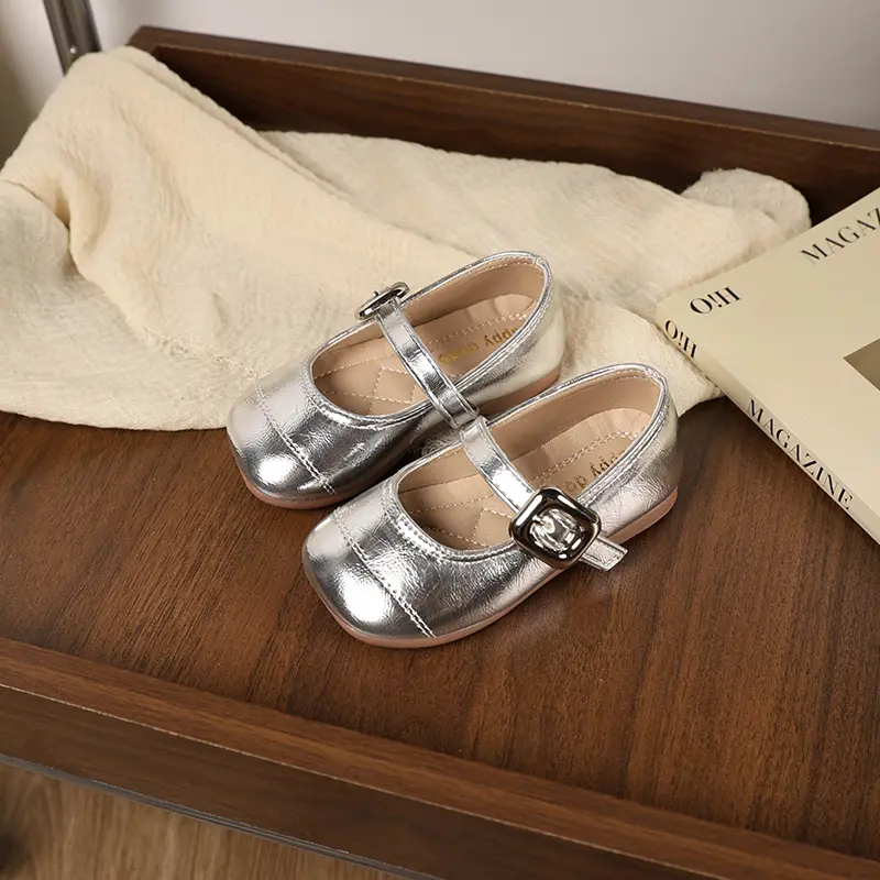 Simple Girl Leather Shoe Silver Versatile Children's Flats Fashion Causal Kids Ballet Princess Shoes Spring Autumn Soft Bottom