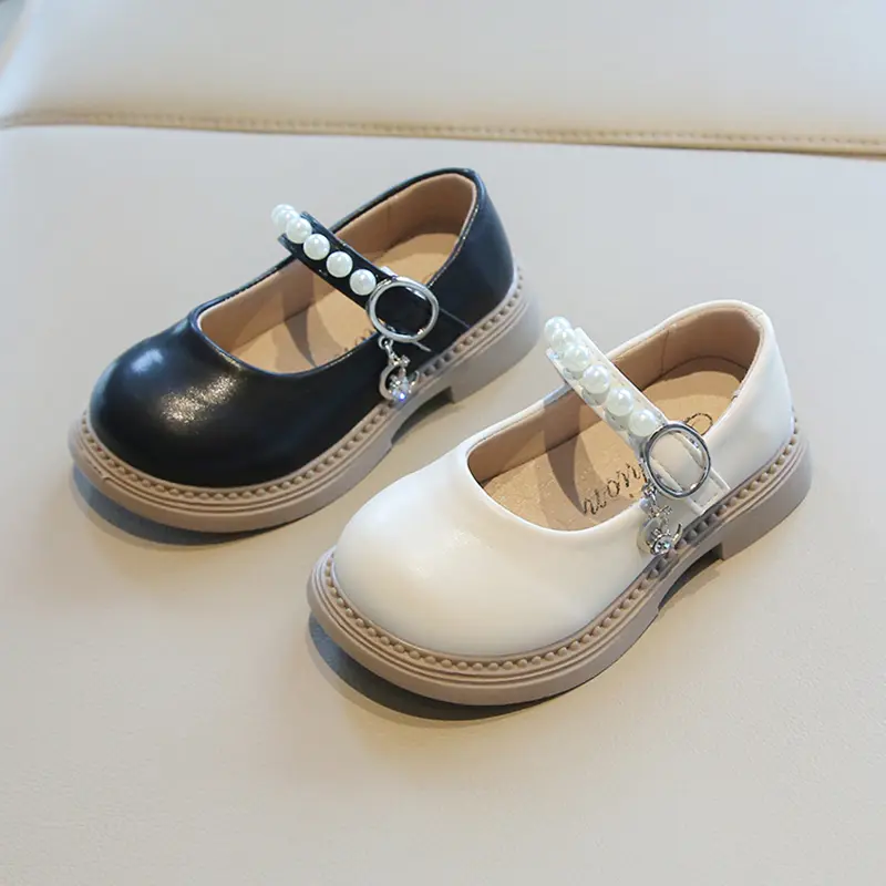 Spring Autumn Girl Leather Shoes Sweet Pearl Princess Versatile Flats Kids Party Shoes Fashion Wedding Children Mary Jane Shoes