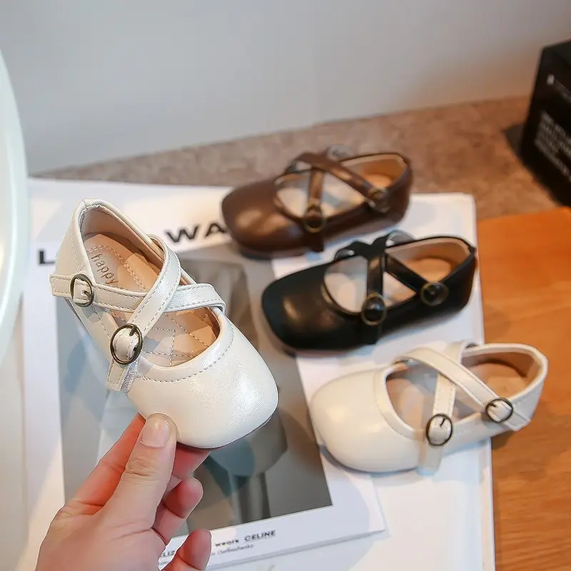 New Girls Moccasin Shoes Square-toe Versatile Soft Kid Fashion Cross Simple Non-slip Children Leather Shoes Platform Solid Color