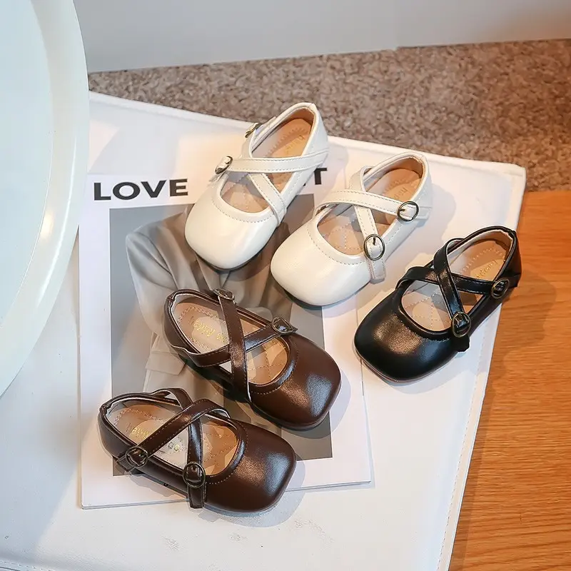 New Girls Moccasin Shoes Square-toe Versatile Soft Kid Fashion Cross Simple Non-slip Children Leather Shoes Platform Solid Color