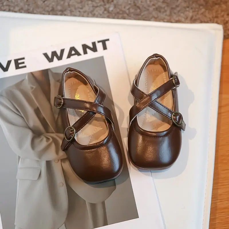New Girls Moccasin Shoes Square-toe Versatile Soft Kid Fashion Cross Simple Non-slip Children Leather Shoes Platform Solid Color