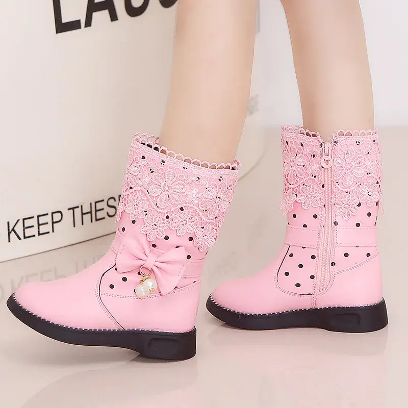 Children Fashion Leather Boots Versatile Lace Beautiful Elegant Princess Shoes PU Cotton Kids Shoes Classic Boots Drop Shipping