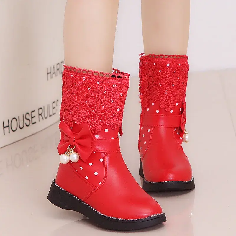 Children Fashion Leather Boots Versatile Lace Beautiful Elegant Princess Shoes PU Cotton Kids Shoes Classic Boots Drop Shipping