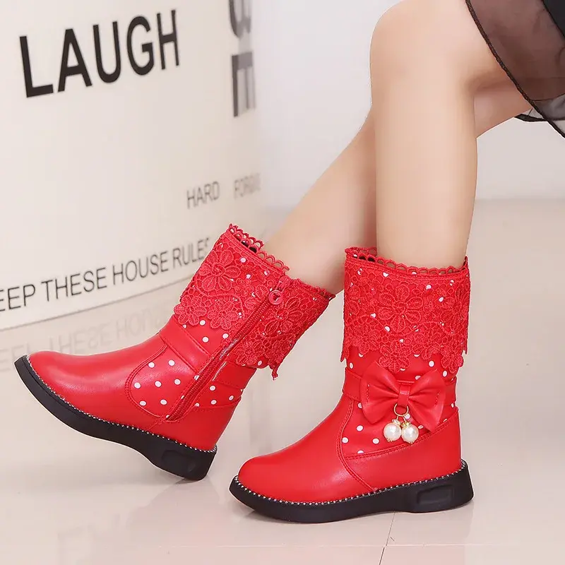Children Fashion Leather Boots Versatile Lace Beautiful Elegant Princess Shoes PU Cotton Kids Shoes Classic Boots Drop Shipping
