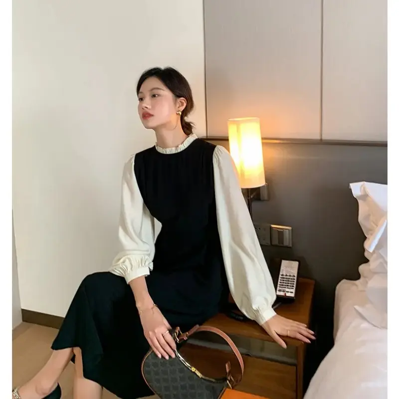 Maternity Stitching Fake Two-piece Clothes French Temperament Pregnancy Palace Sleeve Long-sleeved Dress 2024 Spring Autumn New