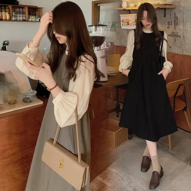 Maternity Stitching Fake Two-piece Clothes French Temperament Pregnancy Palace Sleeve Long-sleeved Dress 2024 Spring Autumn New