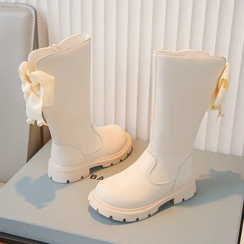 Kids High Boots Spring Autumn Elegant Children's Boots for Girls Fashion Versatile Princess Causal Bowknot Leather Boots Chic