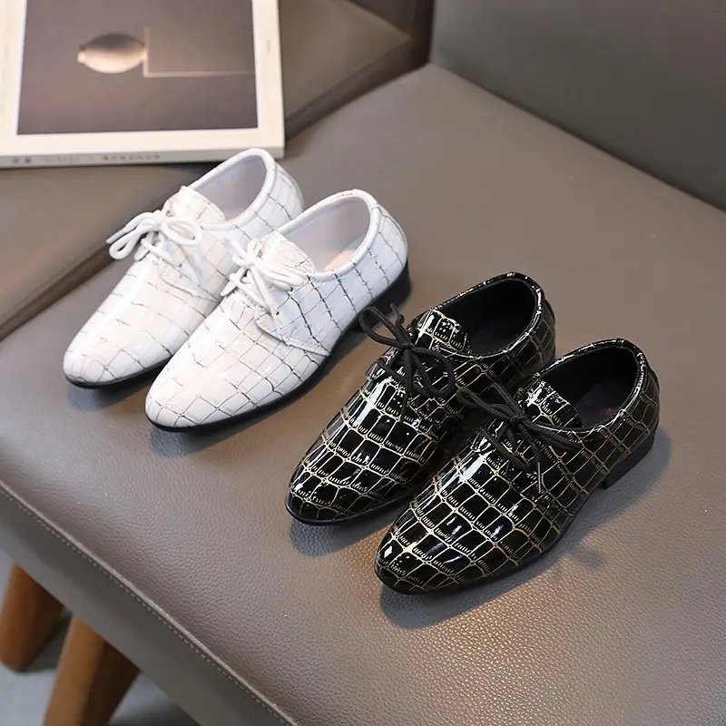 Children Loafers Glossy Lace-up 2023 New Simple Boys Leather Shoes Pointed Toe Versatile Kids Performance Shoe for Party Wedding