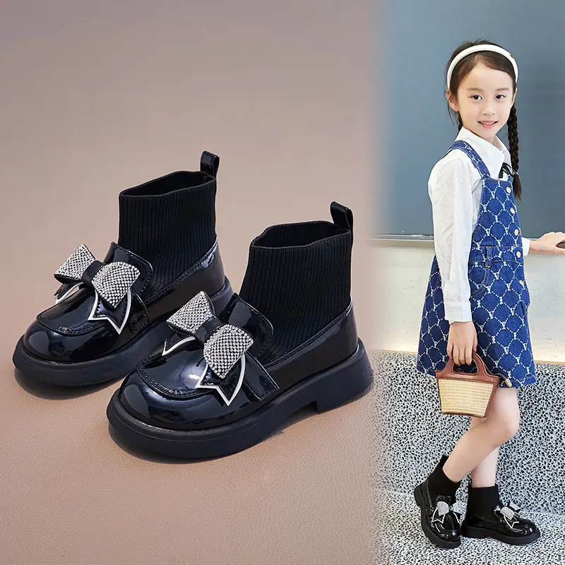 Children Ankle Boots for Girls Hook & Loop 2023 Glossy Simple Rhinestones Bow Casual Princess Sock Boots Casual Kids Fashion PU