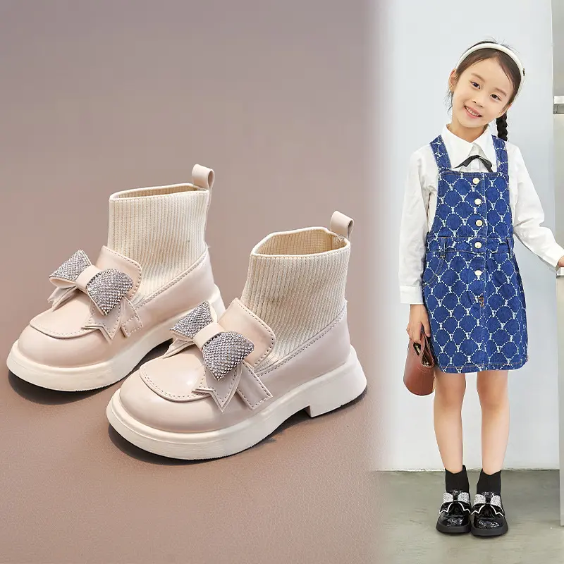Children Ankle Boots for Girls Hook & Loop 2023 Glossy Simple Rhinestones Bow Casual Princess Sock Boots Casual Kids Fashion PU