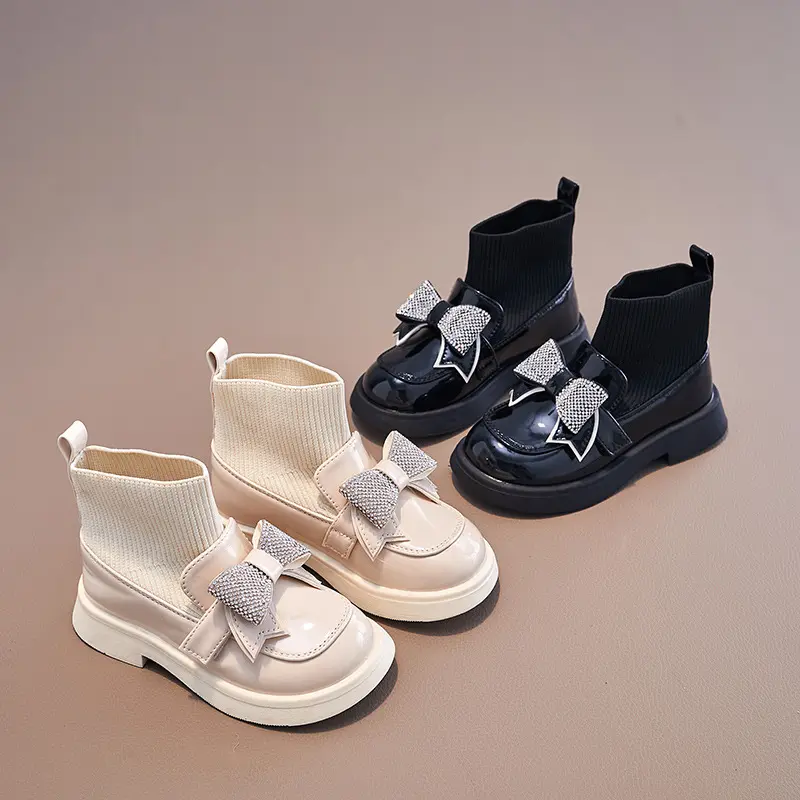 Children Ankle Boots for Girls Hook & Loop 2023 Glossy Simple Rhinestones Bow Casual Princess Sock Boots Casual Kids Fashion PU