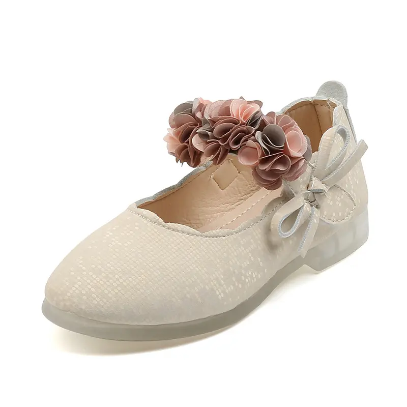 Toddlers Girls Shoes Kids Flats Princess With Flowers Bow-knot Soft Glitter Leather Children's Party Wedding Shoes Floral 22-31