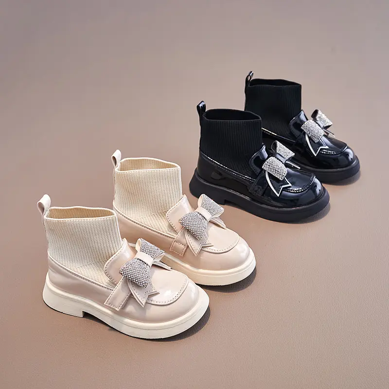 Children Ankle Boots for Girls Hook & Loop 2023 Glossy Simple Rhinestones Bow Casual Princess Sock Boots Casual Kids Fashion PU