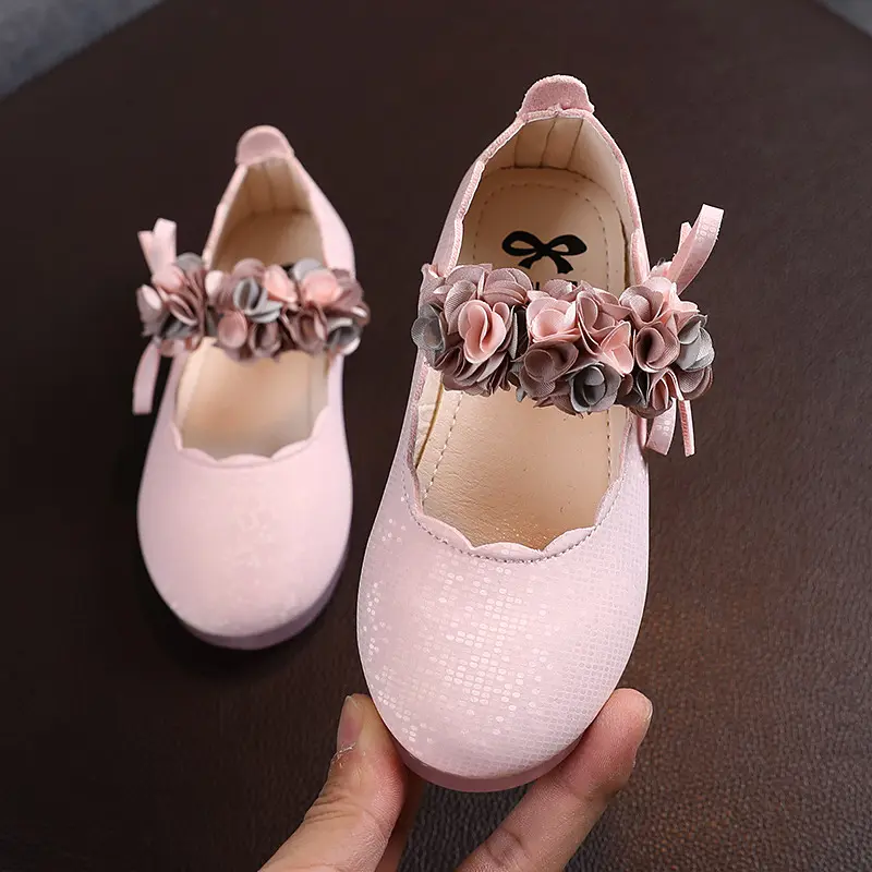 Toddlers Girls Shoes Kids Flats Princess With Flowers Bow-knot Soft Glitter Leather Children's Party Wedding Shoes Floral 22-31