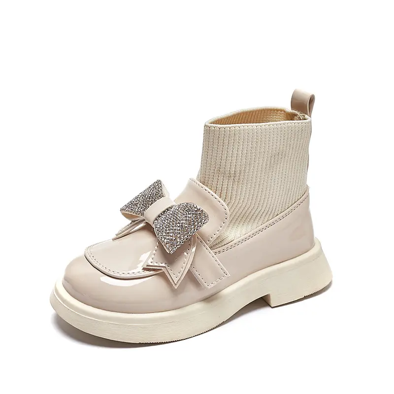 Children Ankle Boots for Girls Hook & Loop 2023 Glossy Simple Rhinestones Bow Casual Princess Sock Boots Casual Kids Fashion PU
