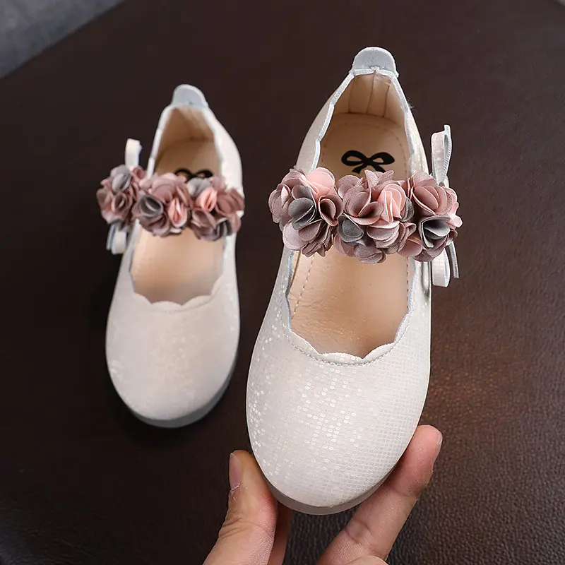 Toddlers Girls Shoes Kids Flats Princess With Flowers Bow-knot Soft Glitter Leather Children's Party Wedding Shoes Floral 22-31