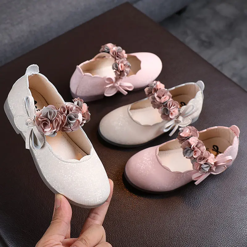 Toddlers Girls Shoes Kids Flats Princess With Flowers Bow-knot Soft Glitter Leather Children's Party Wedding Shoes Floral 22-31
