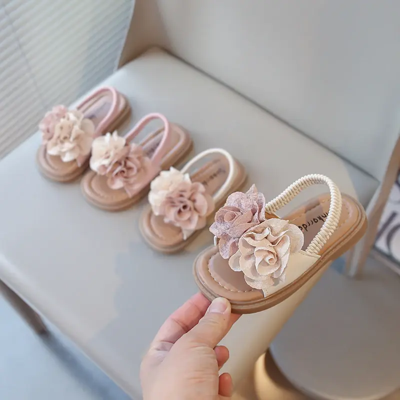 Summer New Toddlers Girls Sandals Elastic Band Big Floral Kids Princess Sandals with Flowers Sweet Children Beach Shoes Open Toe
