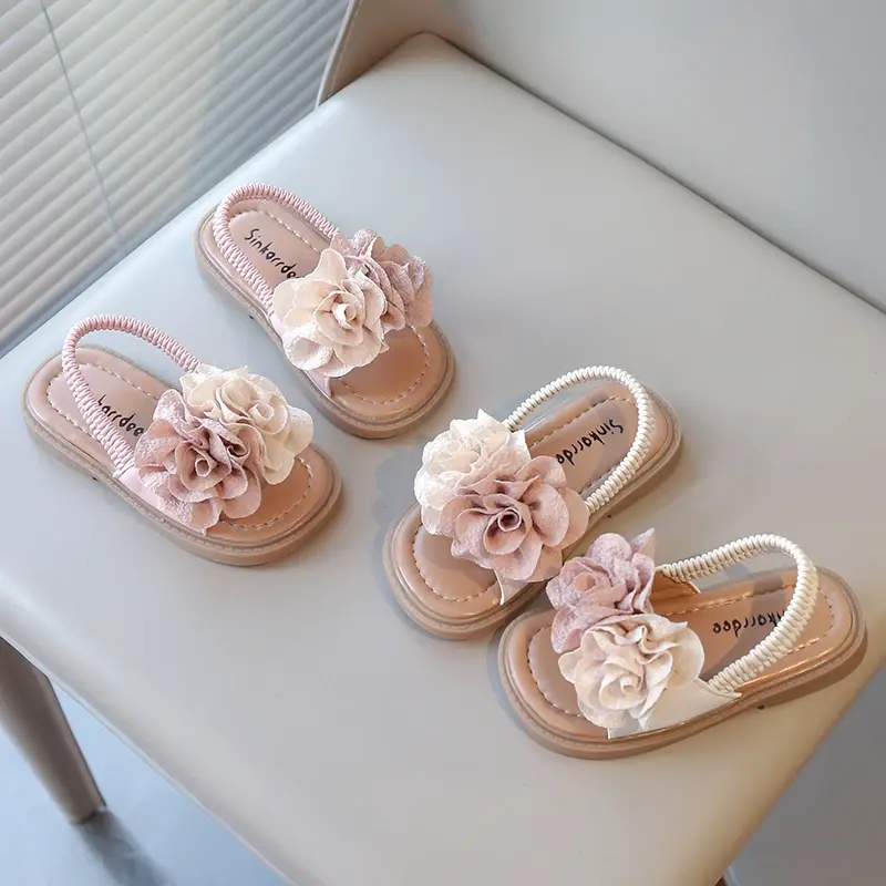 Summer New Toddlers Girls Sandals Elastic Band Big Floral Kids Princess Sandals with Flowers Sweet Children Beach Shoes Open Toe