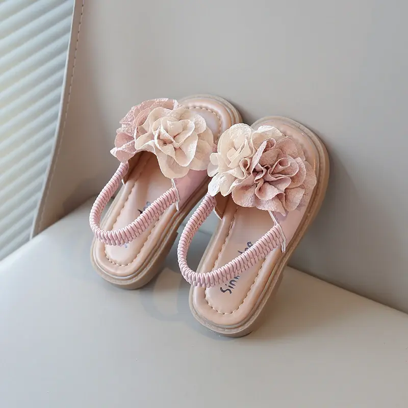 Summer New Toddlers Girls Sandals Elastic Band Big Floral Kids Princess Sandals with Flowers Sweet Children Beach Shoes Open Toe