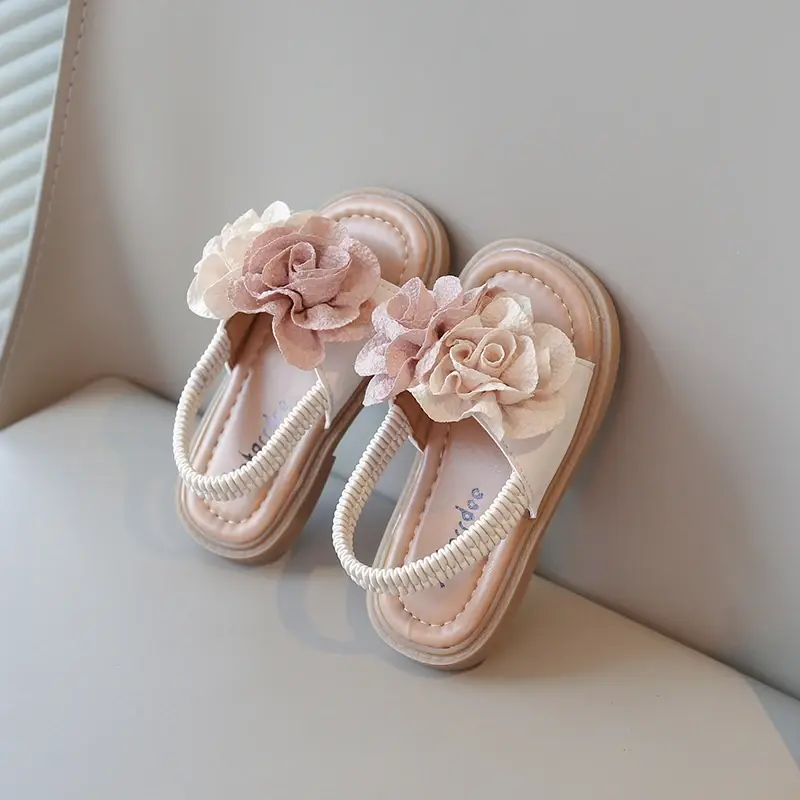 Summer New Toddlers Girls Sandals Elastic Band Big Floral Kids Princess Sandals with Flowers Sweet Children Beach Shoes Open Toe