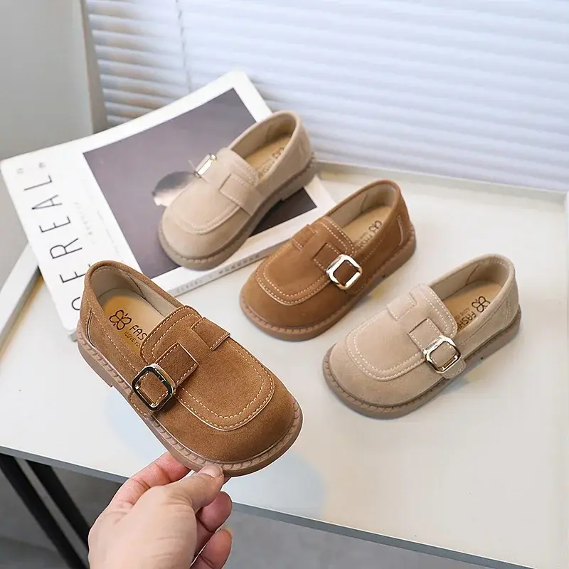 Retro Children Moccasins Fashion Girls Causal Princess Leather Shoes Simple Kids Flat Shoes Versatile Non-slip Solid Color Shoes