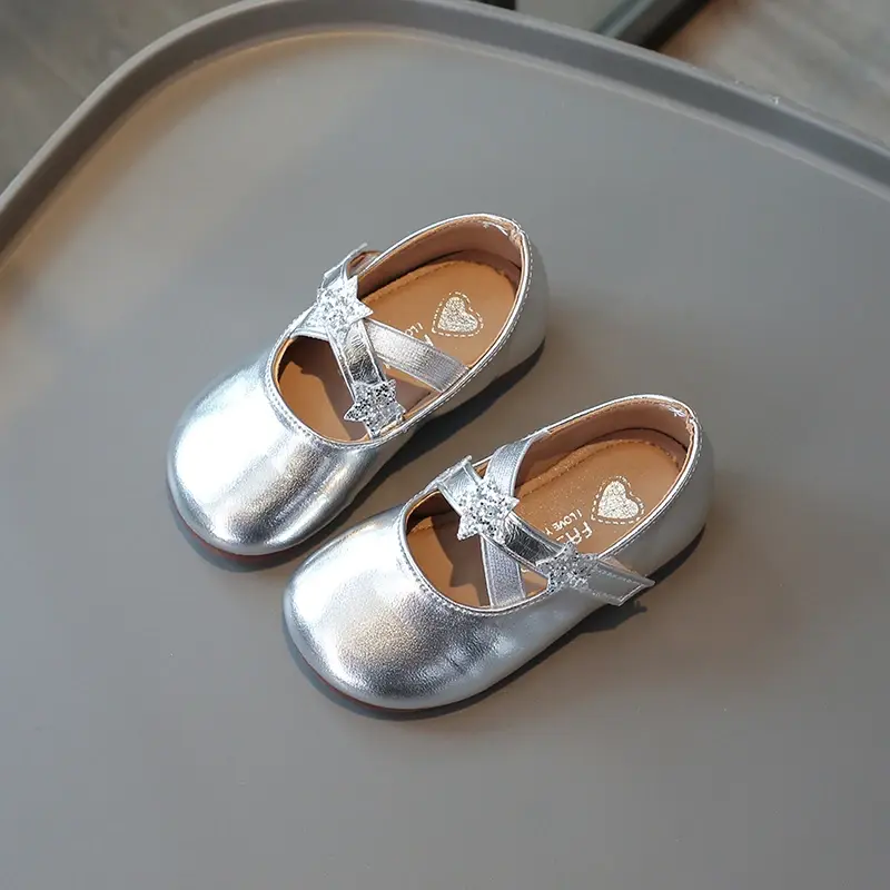 Children's Leather Shoes Solid Color Girls Ballet Shoes Fashion Simple Princess Versatile Kids Party Shoes Gold Silver Causal