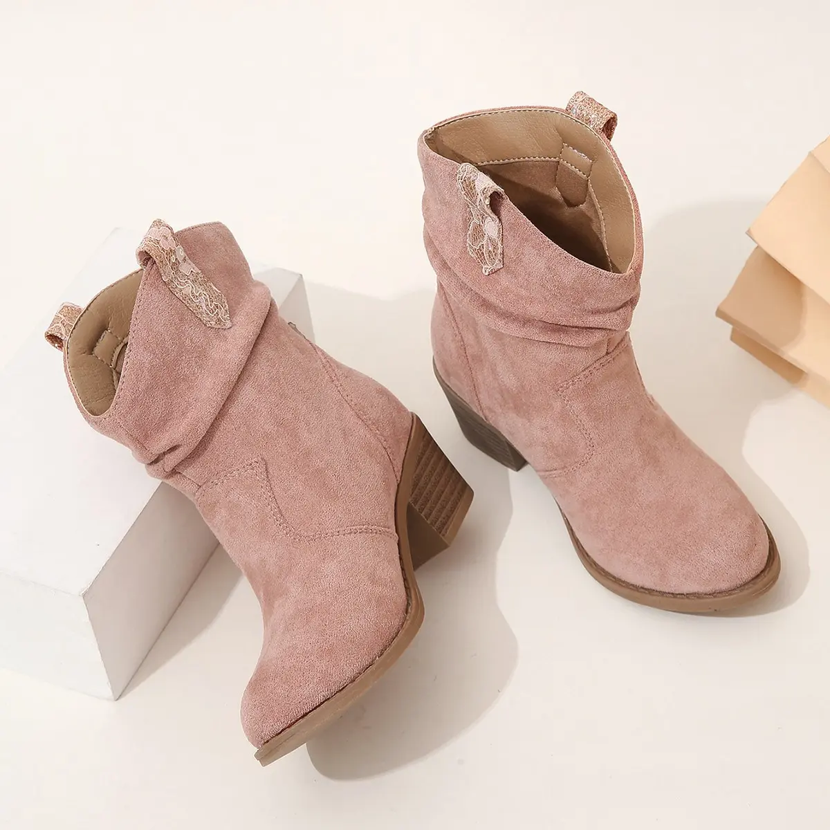 2023 New Pointed-toe Mid Top Coarse Heel Short Boots Kids Fashion Western Denim Retro Fabric Face Boots for Boys Pink Spring PU