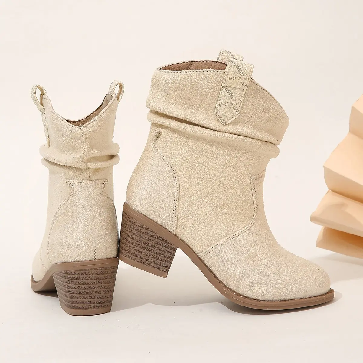 2023 New Pointed-toe Mid Top Coarse Heel Short Boots Kids Fashion Western Denim Retro Fabric Face Boots for Boys Pink Spring PU