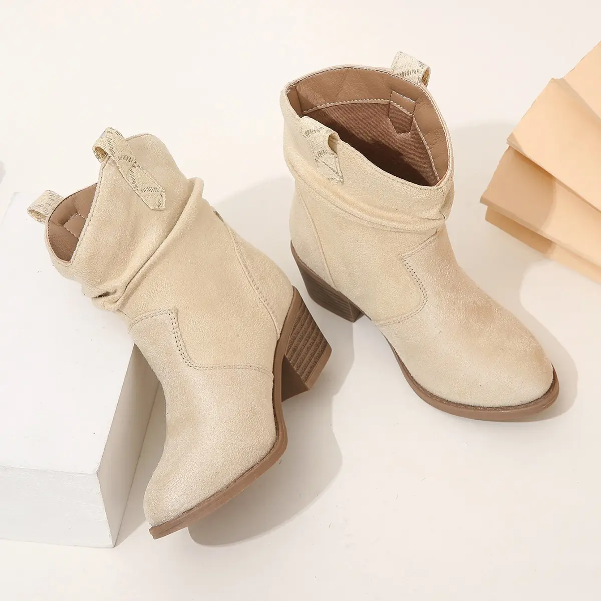 2023 New Pointed-toe Mid Top Coarse Heel Short Boots Kids Fashion Western Denim Retro Fabric Face Boots for Boys Pink Spring PU
